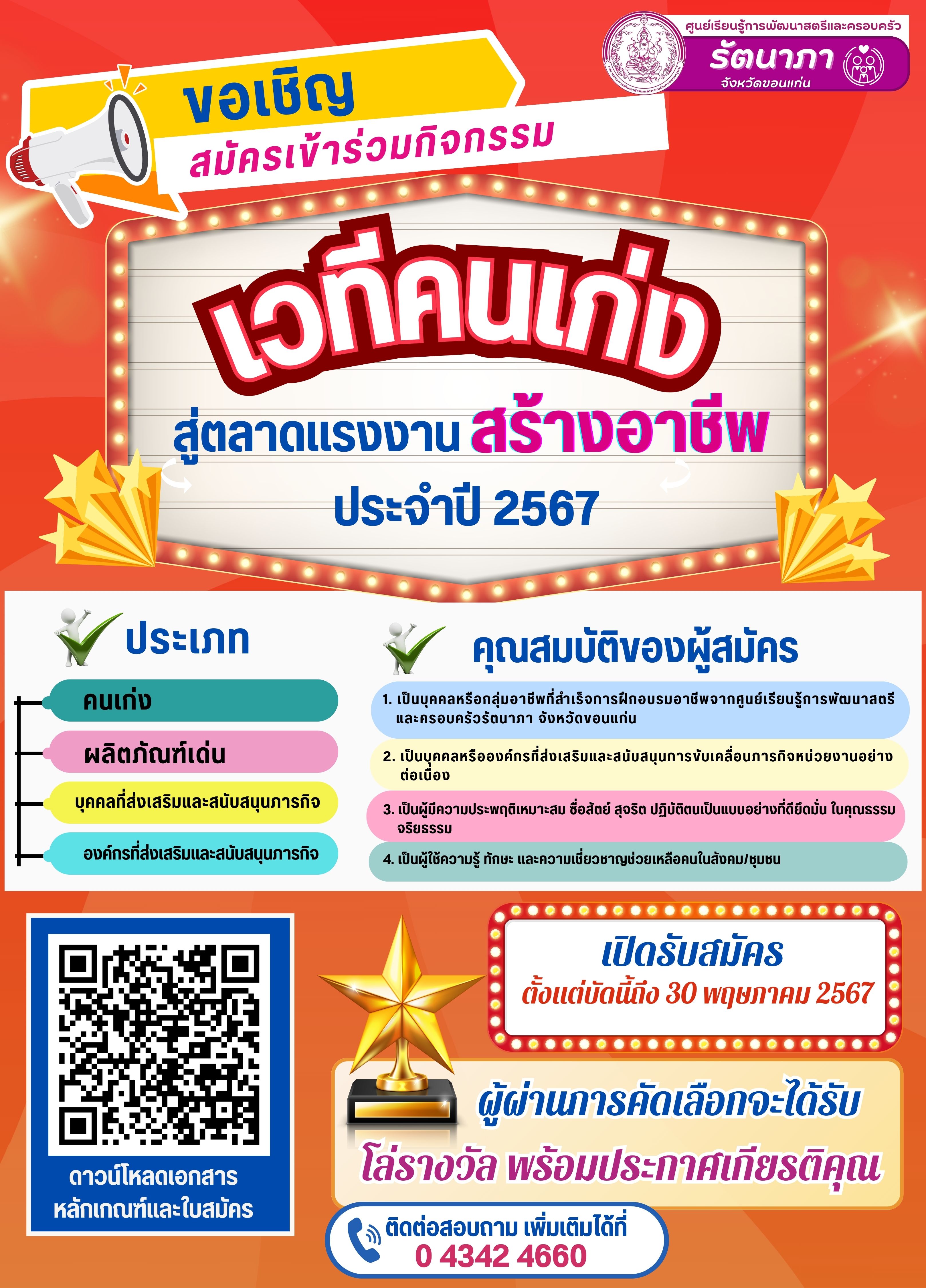 ประชาสัมพันธ์รับสมัครฟรี!!! เข้าร่วมกิจกรรม “เวทีคนเก่งสู่ตลาดแรงงานสร้างอาชีพ ประจำปีงบประมาณ พ.ศ. 2567”
